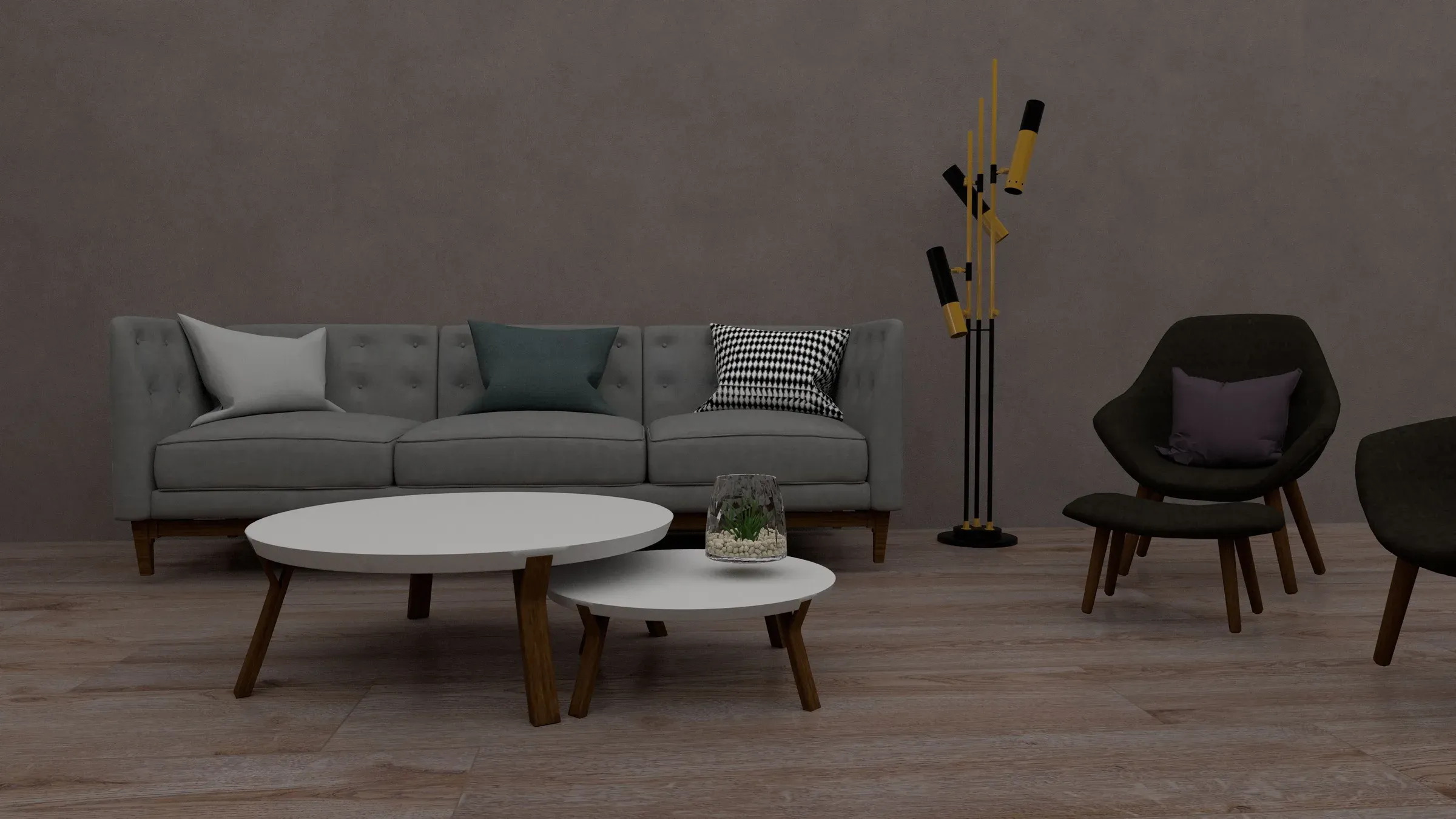 Render of a grey tufted sofa with white nesting coffee tables, brass floor lamp and dark armchair
