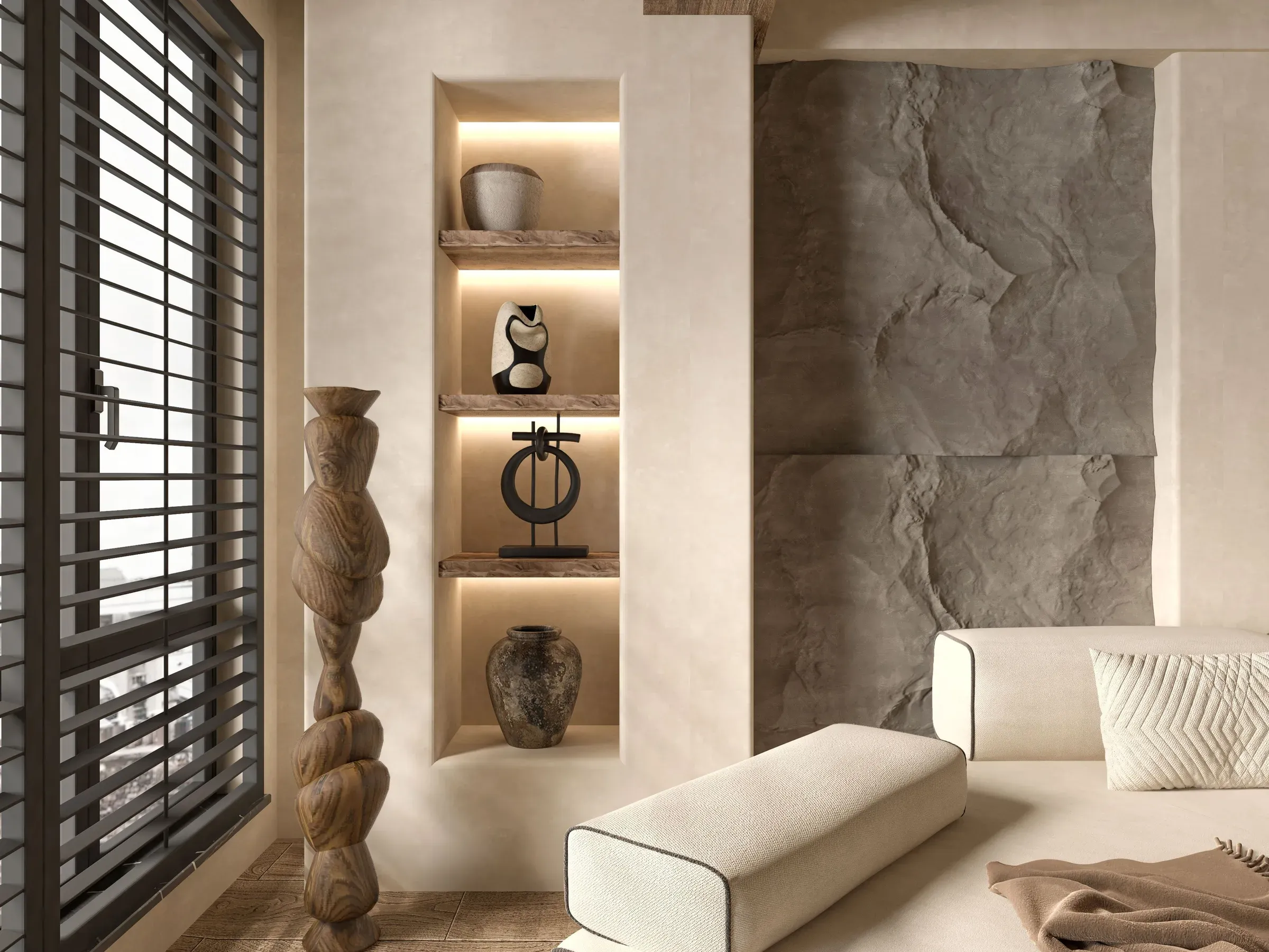 Lit plaster wall niche with wooden shelves and pottery, a stone accent wall and wooden sculpture