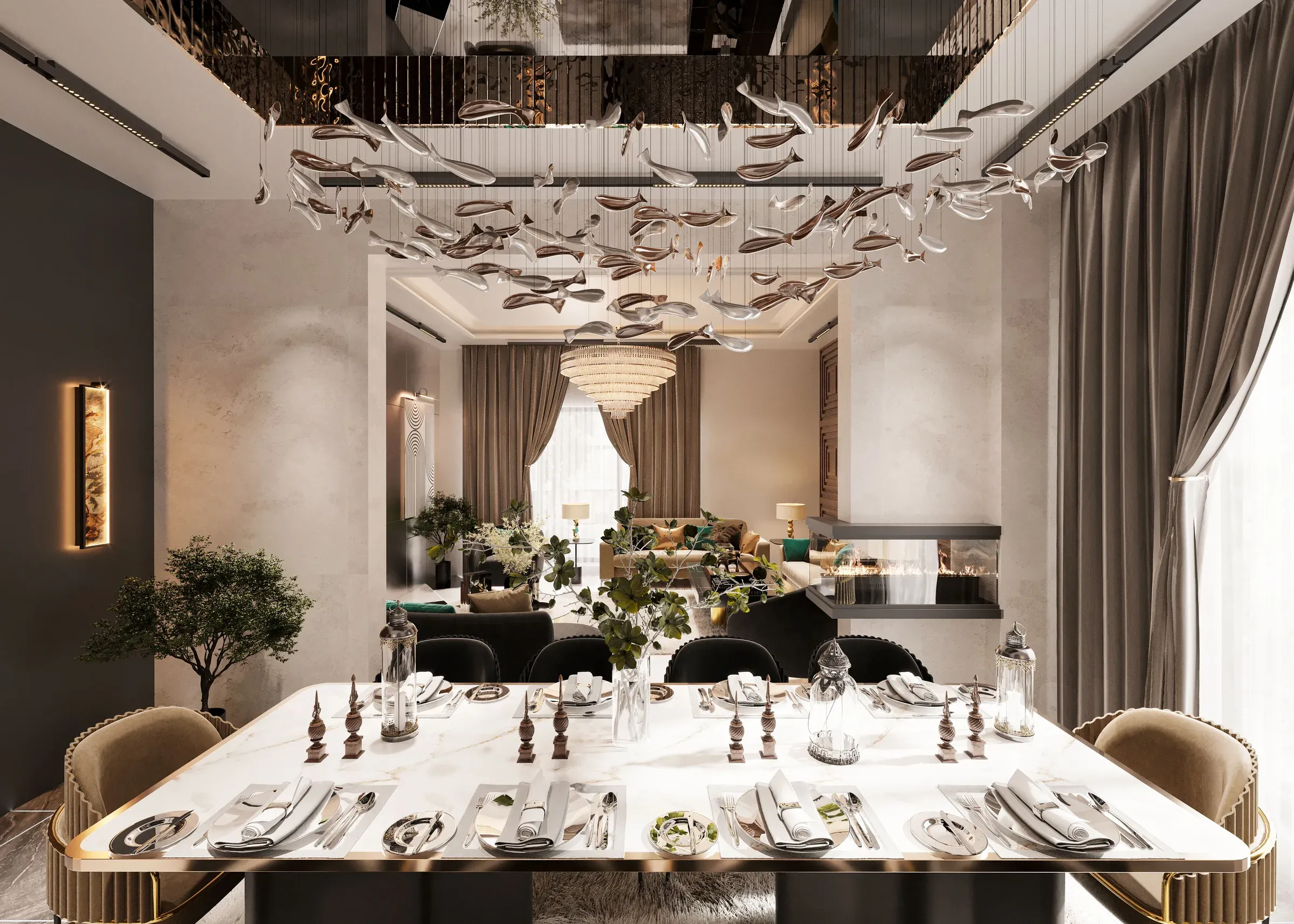 Luxury dining room with a long marble table, sculptural fish chandelier, mirrored ceiling and living room beyond