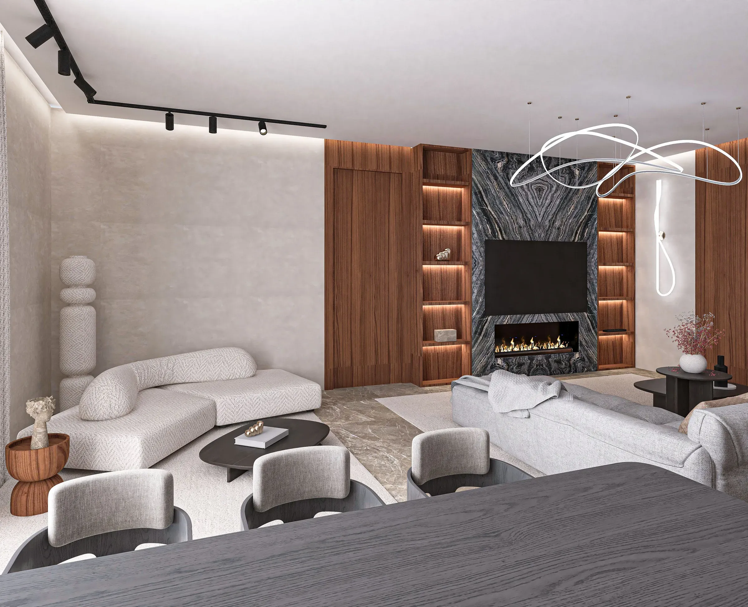 Living room with a marble fireplace TV wall, lit walnut shelves, curved boucle sofa and track lights