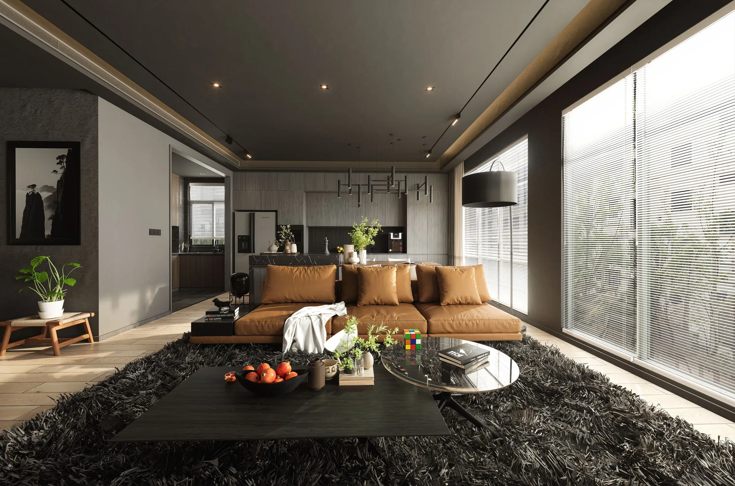 Dark living room with a tan leather sofa, black shag rug, low coffee tables and floor-to-ceiling windows