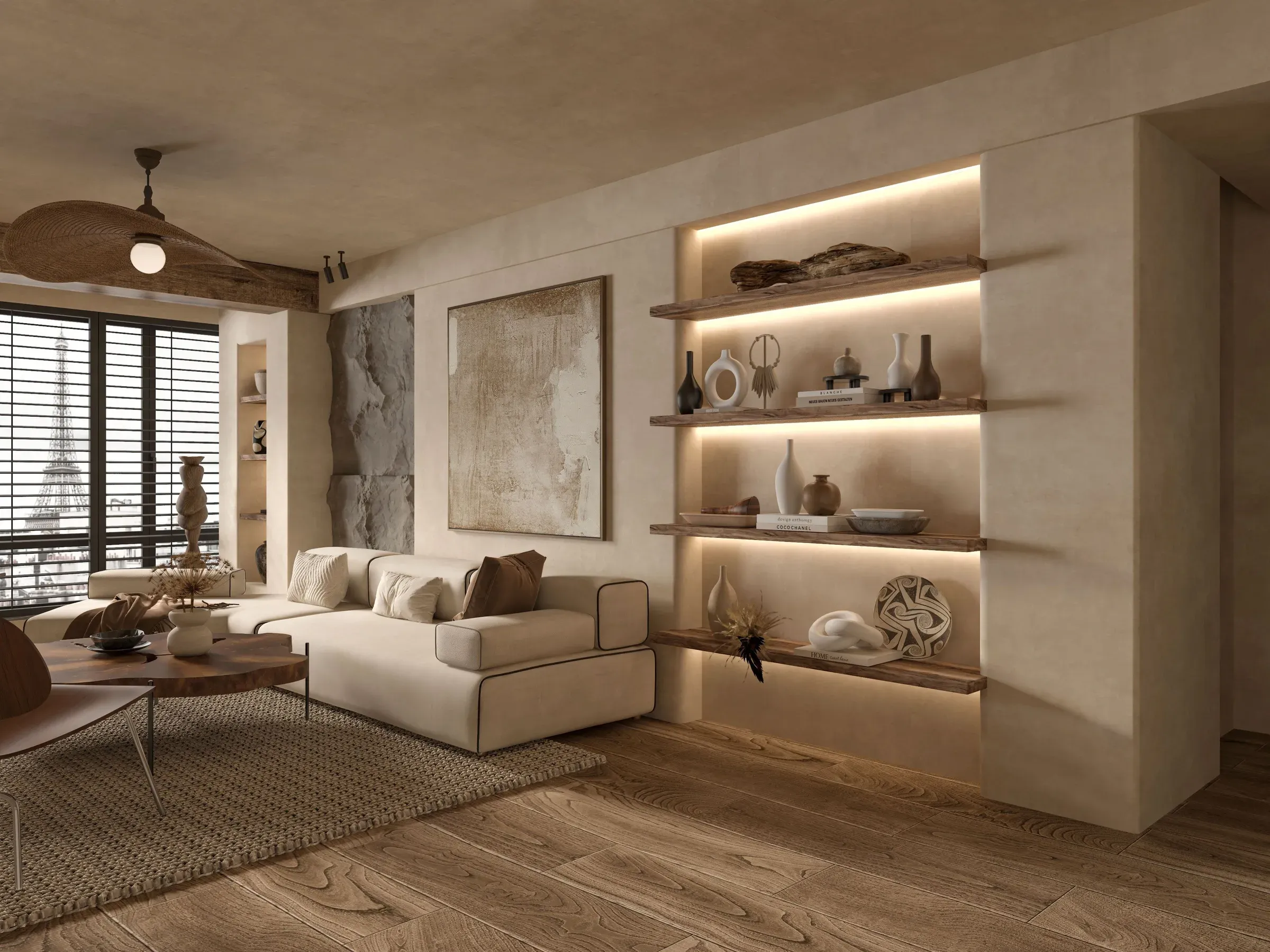 Warm wabi-sabi living room with lit wall niches, a boucle sofa, stone accent and wooden floor