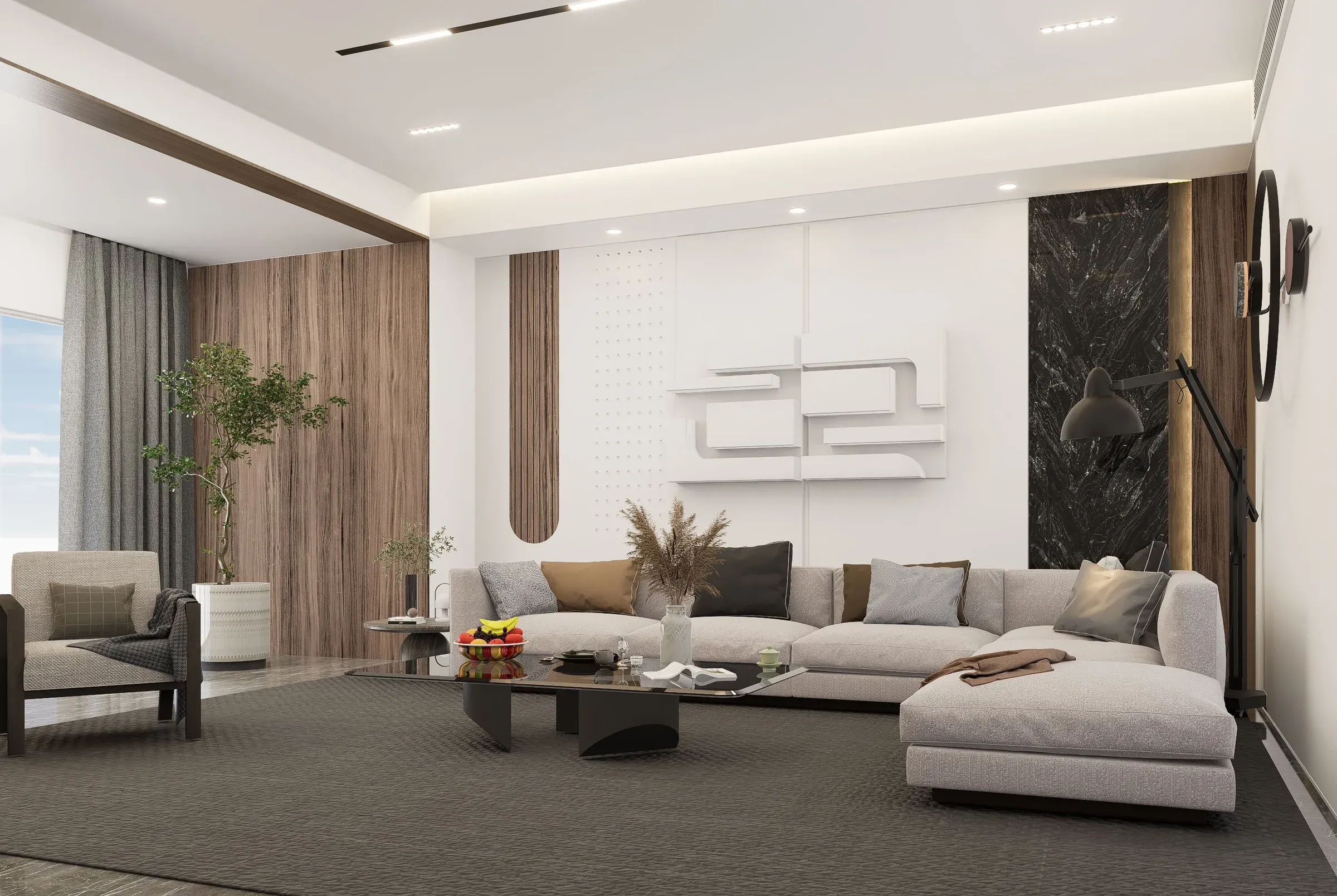 Modern living room with a white sectional, walnut wall panels, black marble strip and sculpted wall shelf