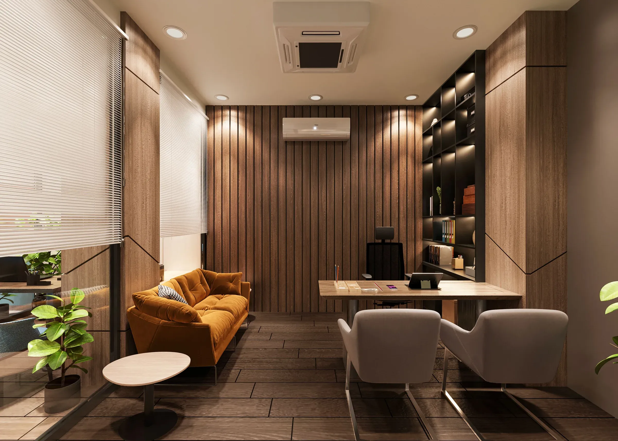 Manager's cabin with a wooden slat wall, wooden desk, white visitor chairs, orange sofa and lit bookshelf