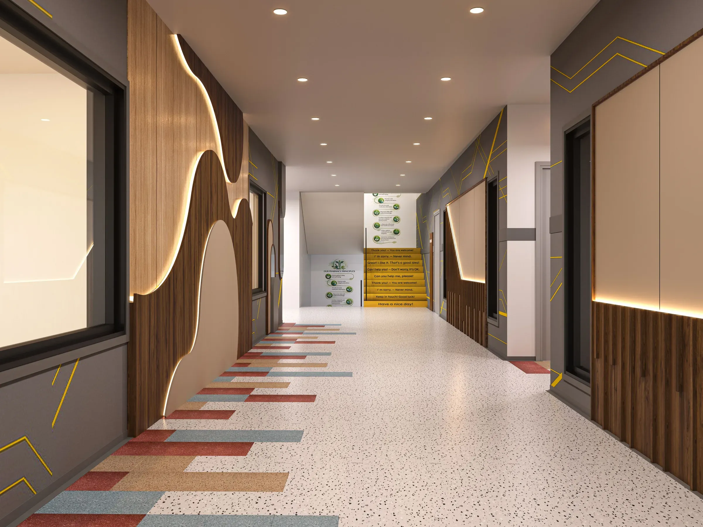 Office corridor with wavy backlit wooden wall panels, coloured terrazzo floor strips and yellow wall graphics