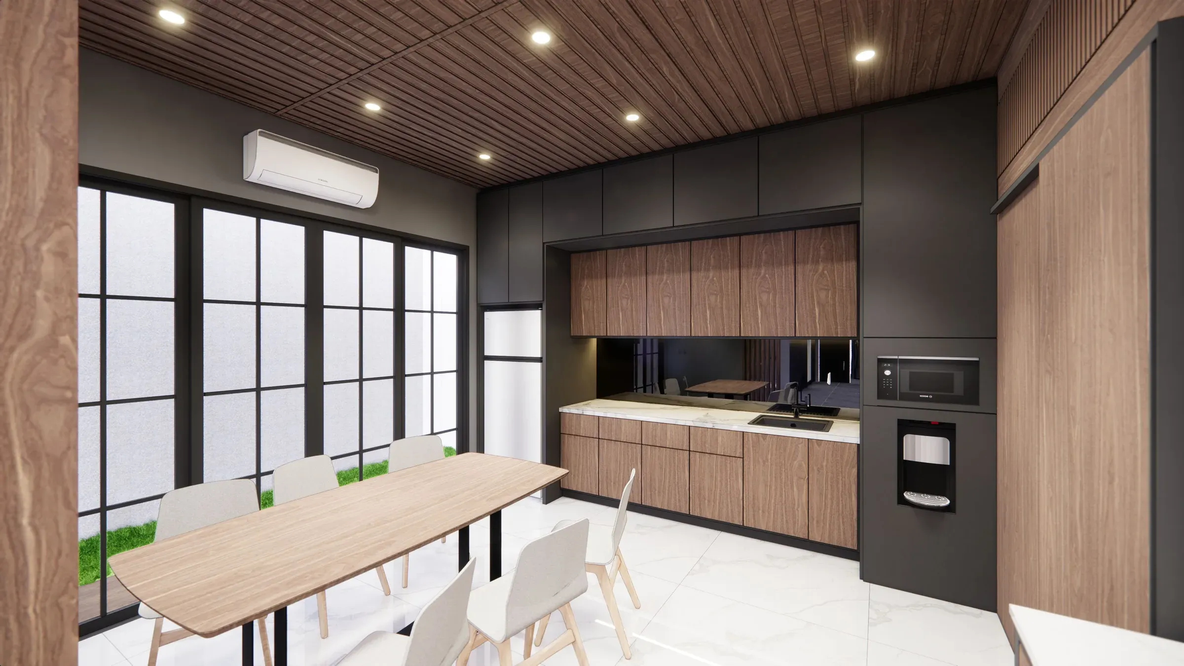 Renovated pantry and dining space with a wooden slatted ceiling, walnut-and-grey cabinets and a long dining table