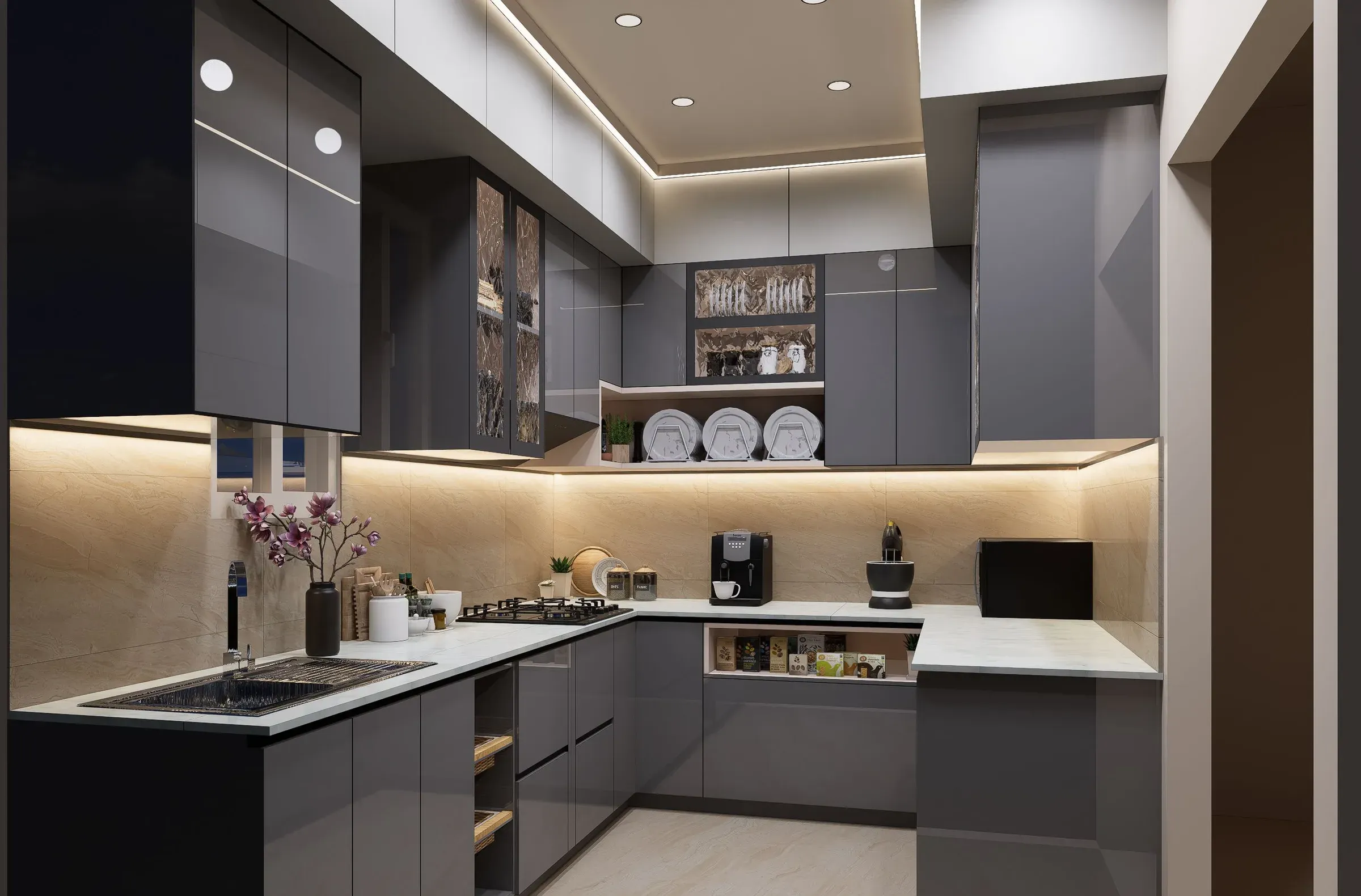 Grey gloss U-shaped kitchen with glass-front crockery cabinets, plate rack, under-cabinet lights and white counter