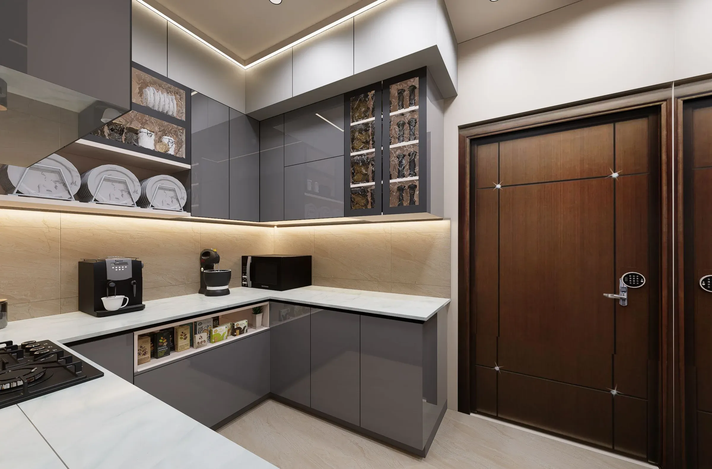 Grey gloss L-shaped kitchen with glass cabinets, plate display and a wooden main door with digital lock