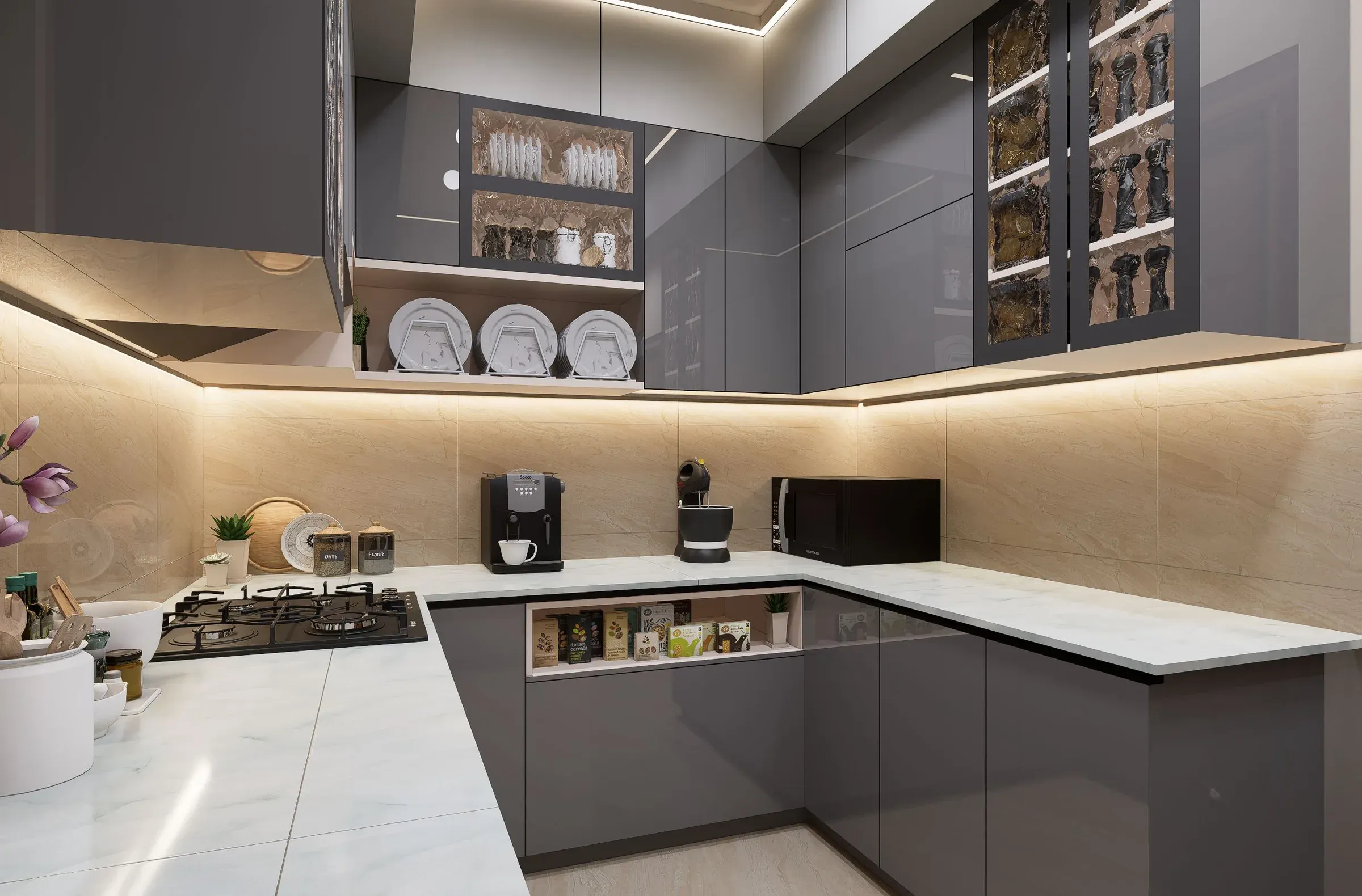 Grey gloss kitchen with a lit plate rack, glass-front cabinets, gas hob and white marble-look counter