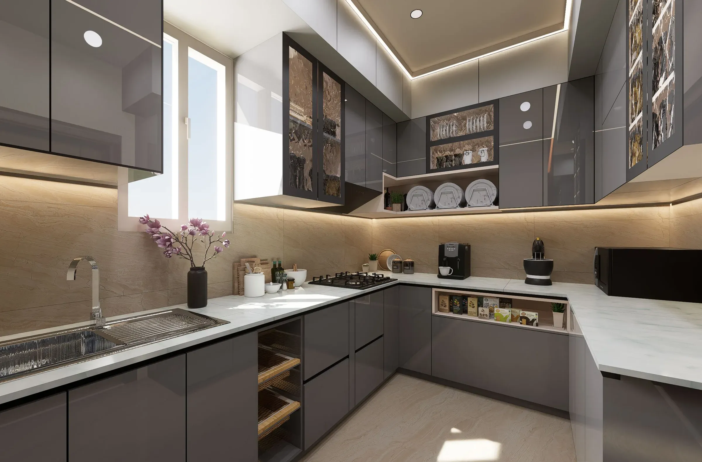 Grey gloss U-shaped kitchen with a window over the sink, pull-out baskets and glass-front cabinets