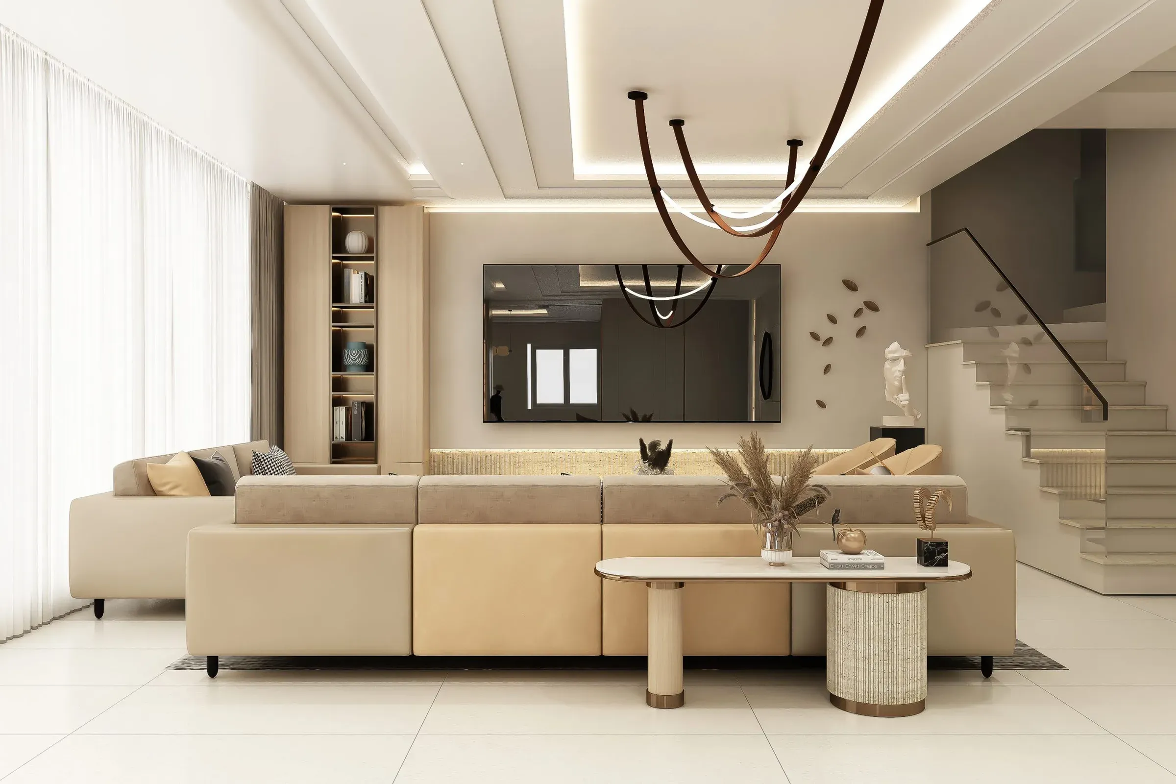 Beige living room with a leather sectional, TV wall, ribbon pendant and a staircase to one side