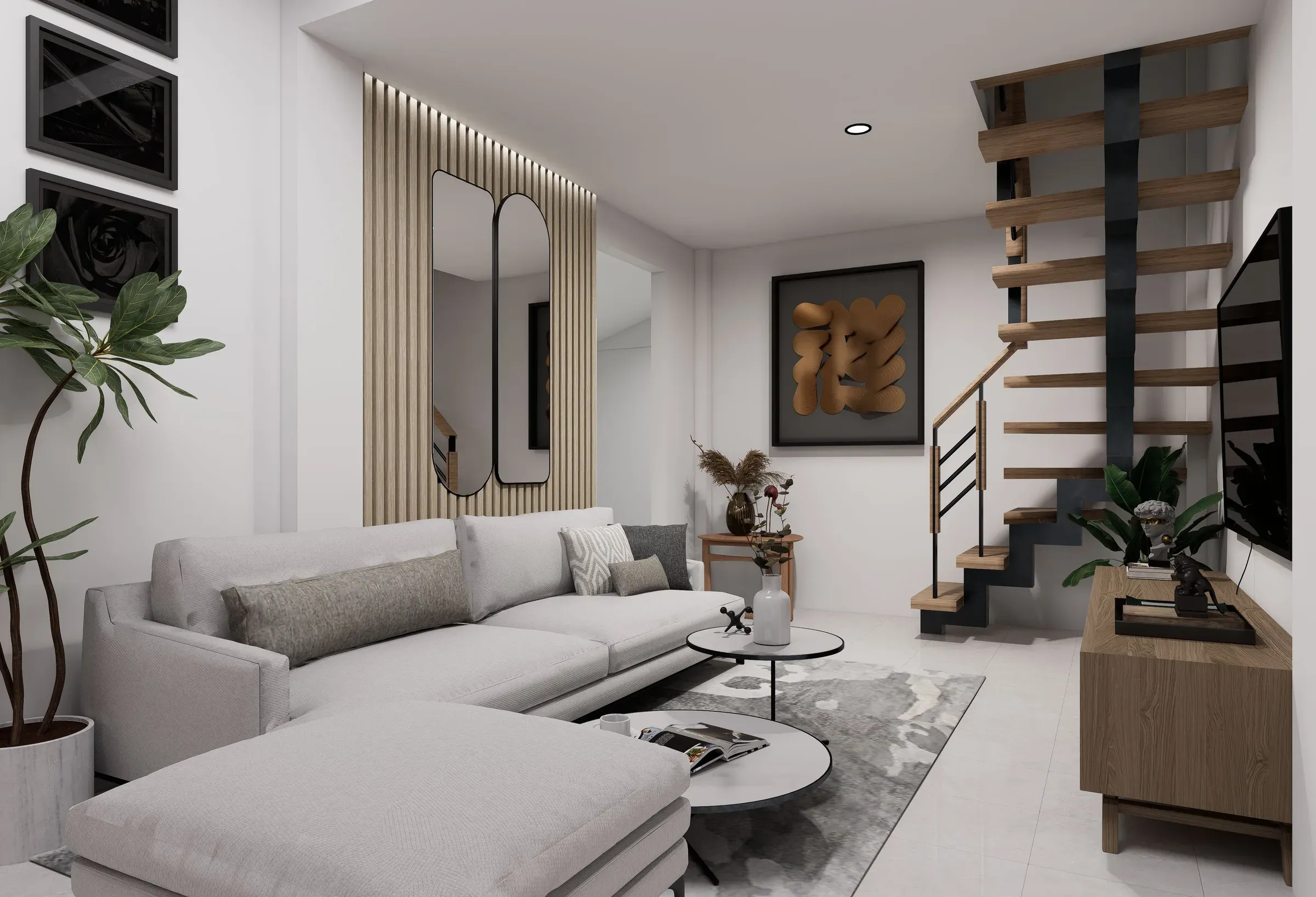 Small living room with an open-riser wooden staircase, slatted wall panel with mirrors and white sectional