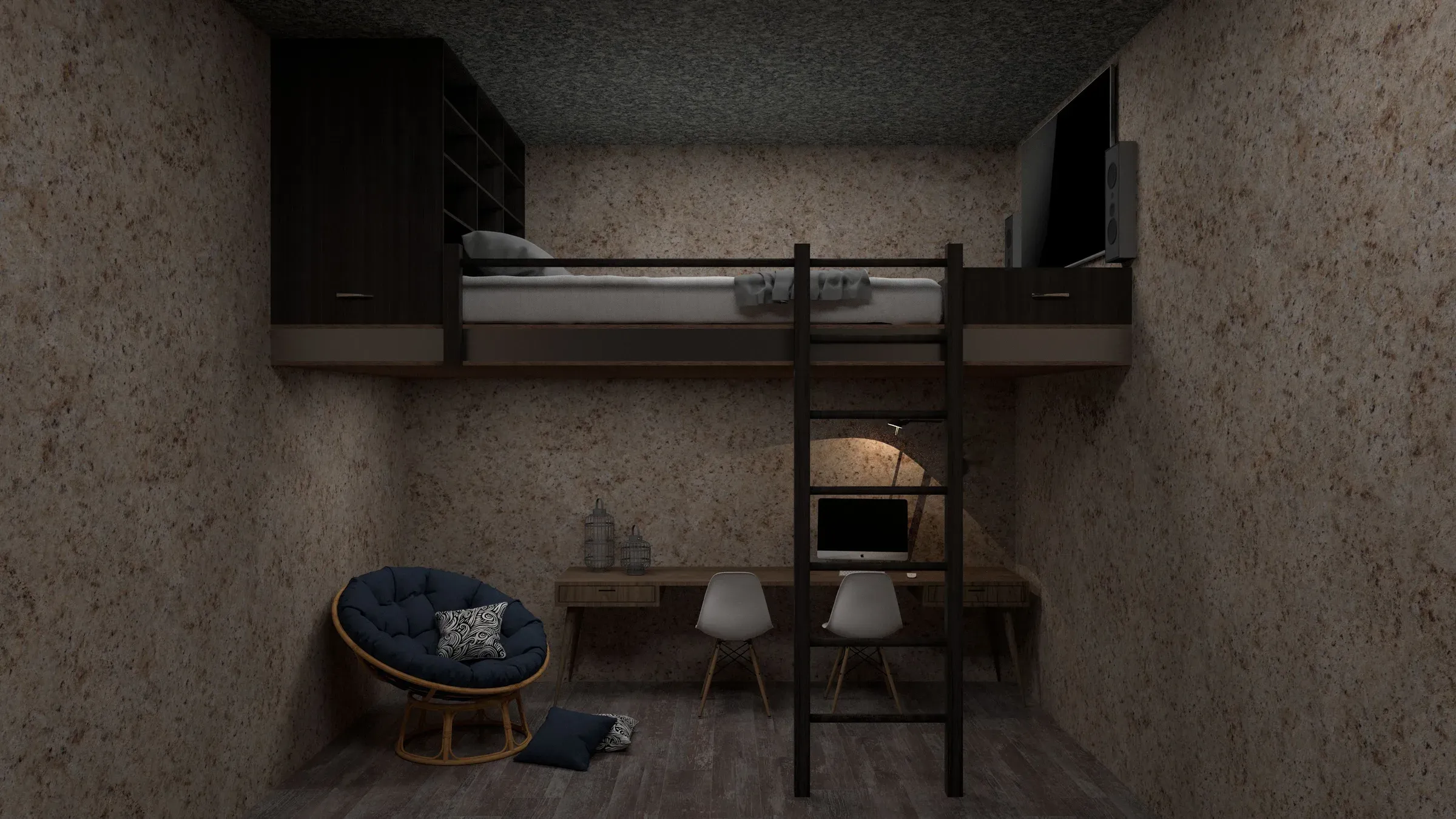 Render of a loft bed with a study desk and chairs below, a ladder and papasan chair