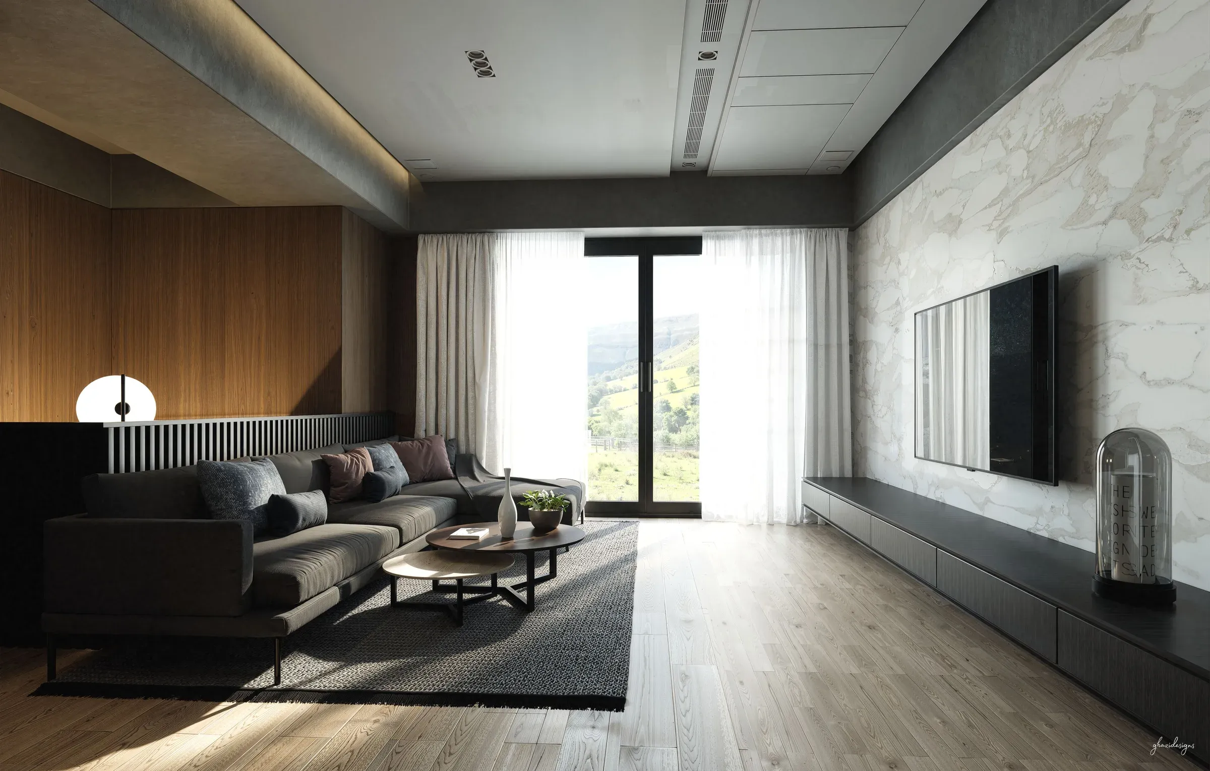Long living room with a TV on a marble wall, low grey TV unit, wooden panelling and grey sectional