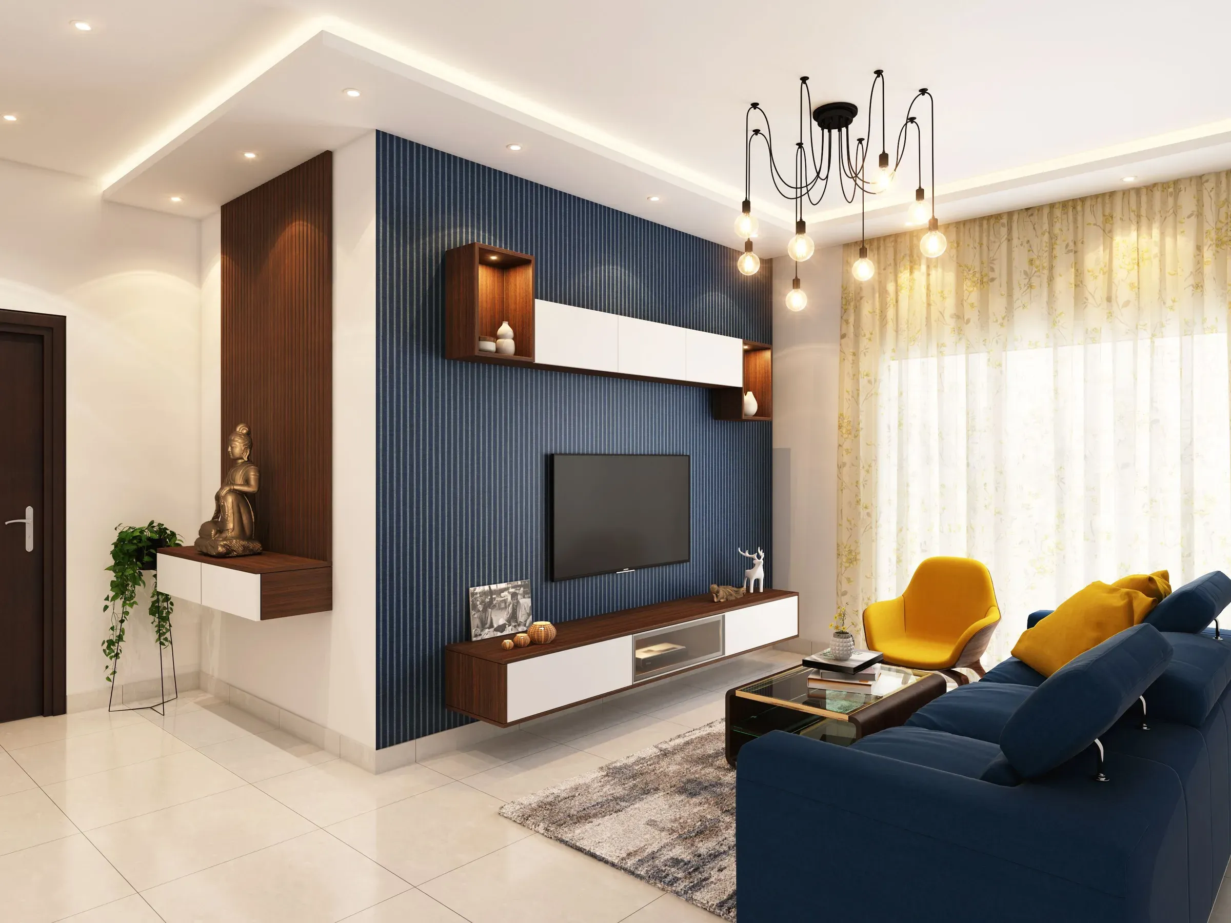Living room with a navy fluted TV wall, floating white cabinets, Buddha niche and blue sofa