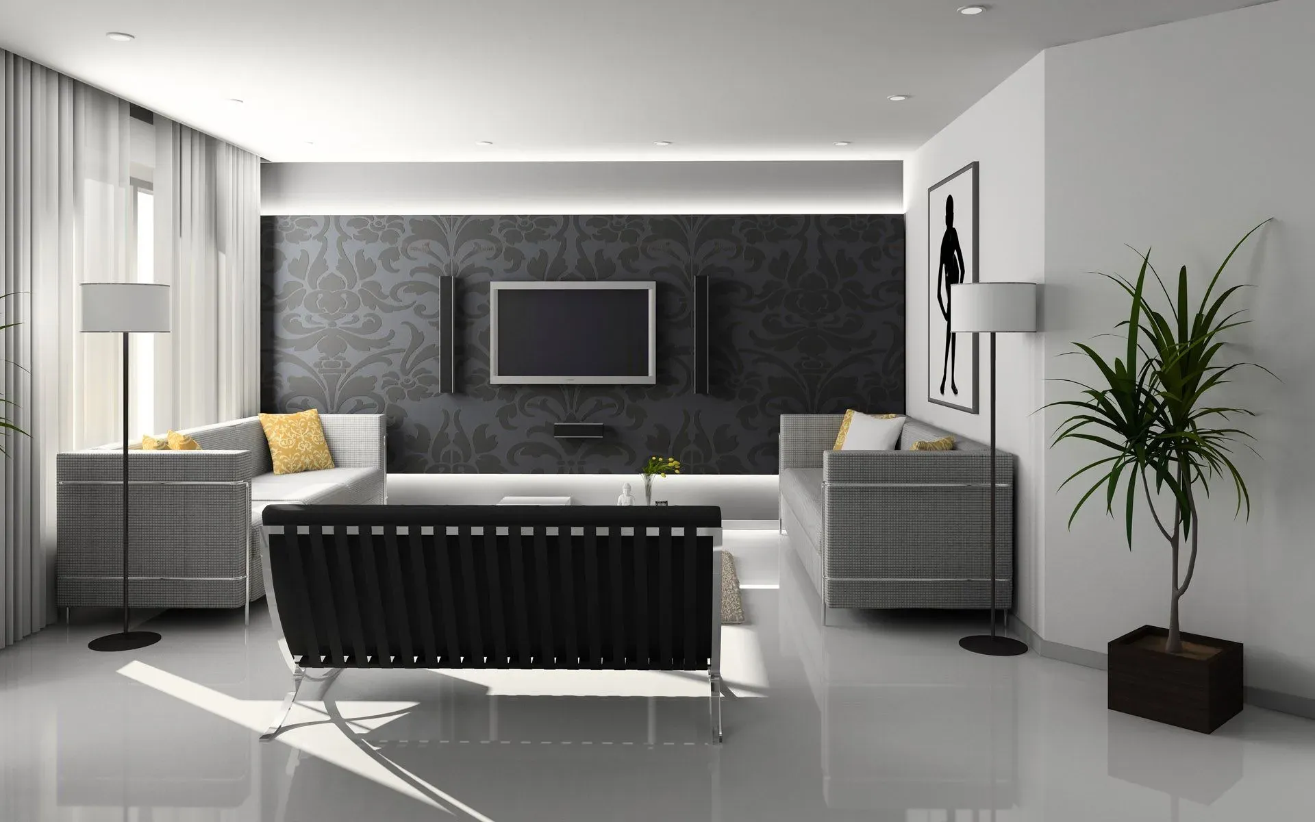 Monochrome living room with a TV on a black damask wallpaper wall, white sofas and floor lamps