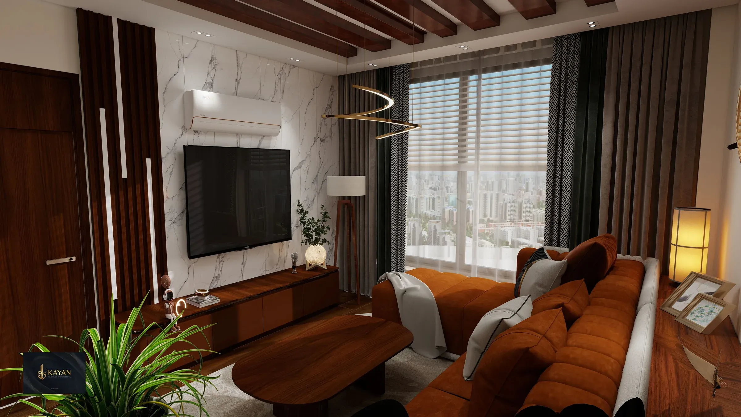 Living room with a TV on a marble wall, walnut TV unit, orange sofa and wooden ceiling beams