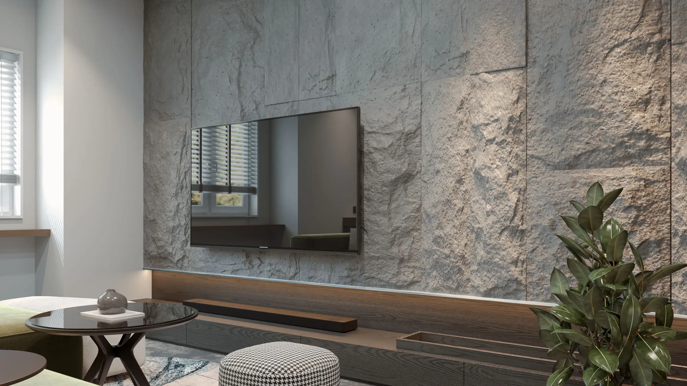 TV on a rough stone-panel feature wall above a long floating wooden unit