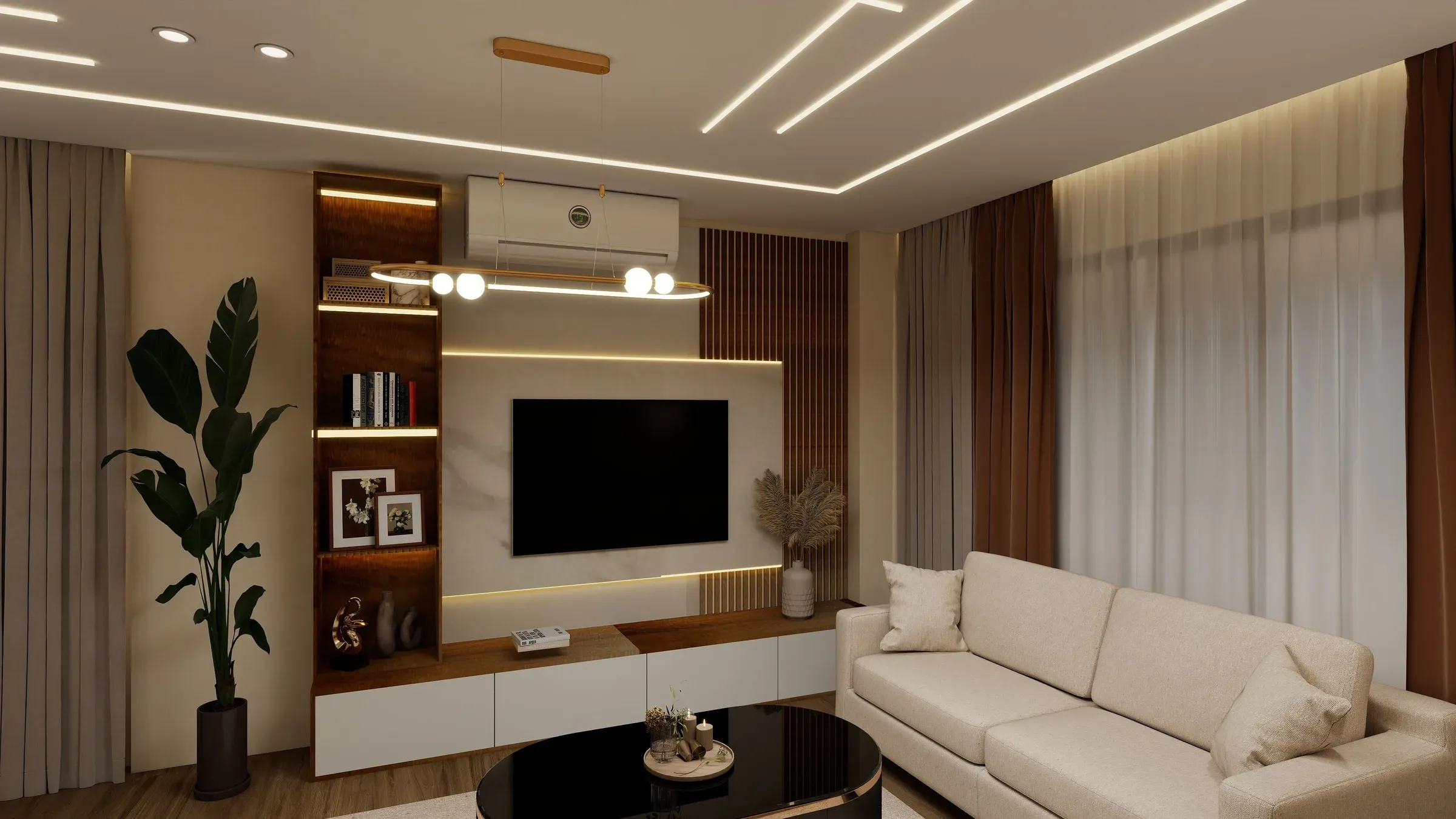 Living room TV wall with lit side shelves, wooden slats, white base unit and LED ceiling lines