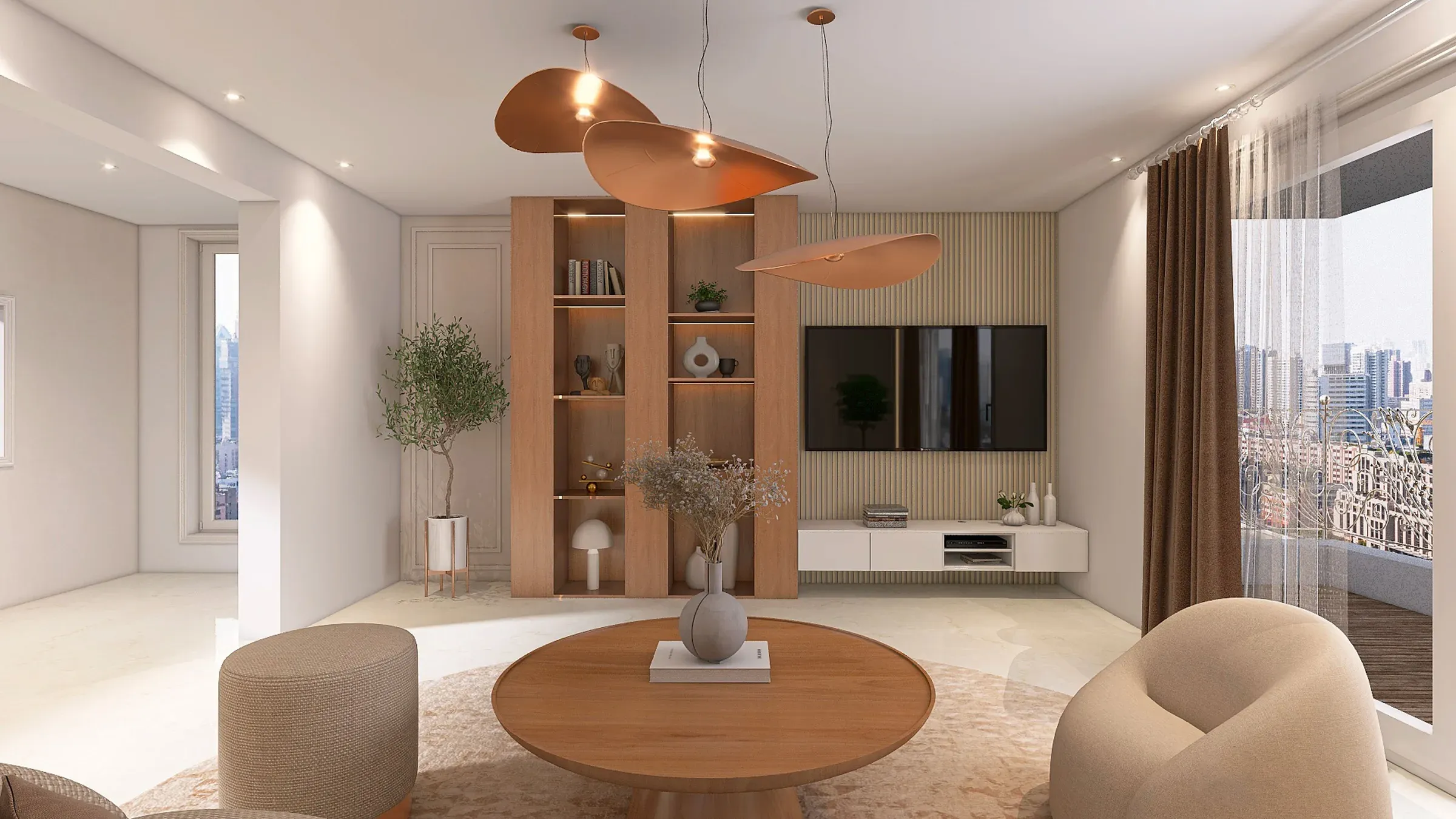 Living room with a white floating TV unit, fluted wall panel, wooden shelving and copper pendant lights
