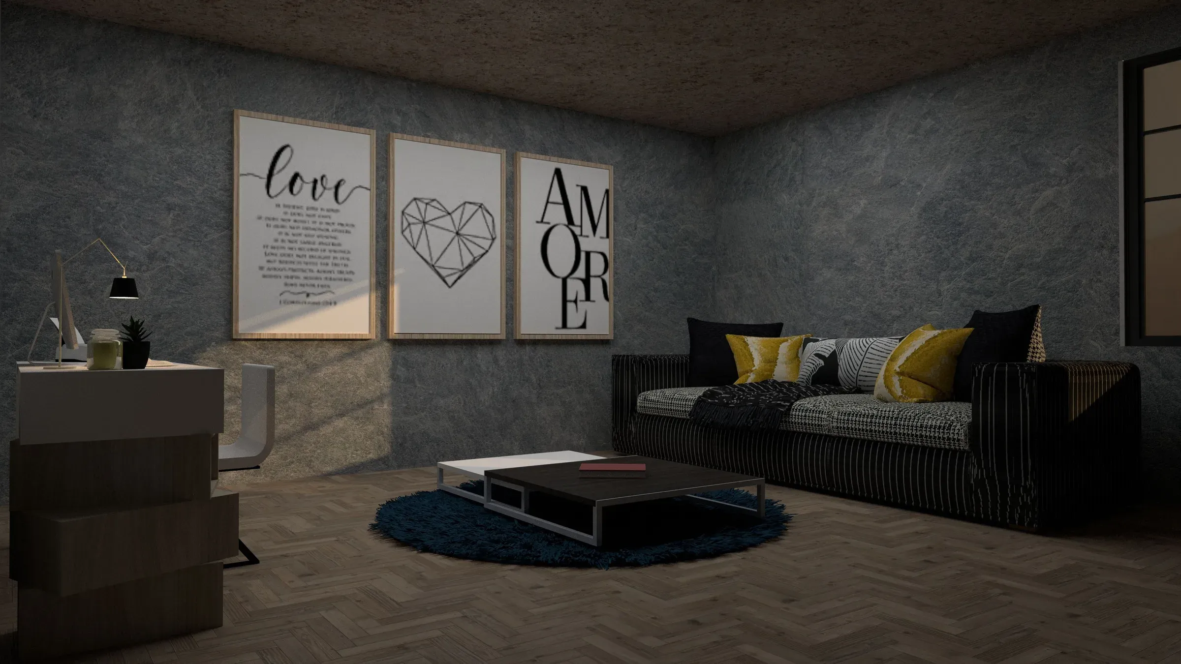 Grey textured-wall living room with three framed typography prints above a black sofa and round rug