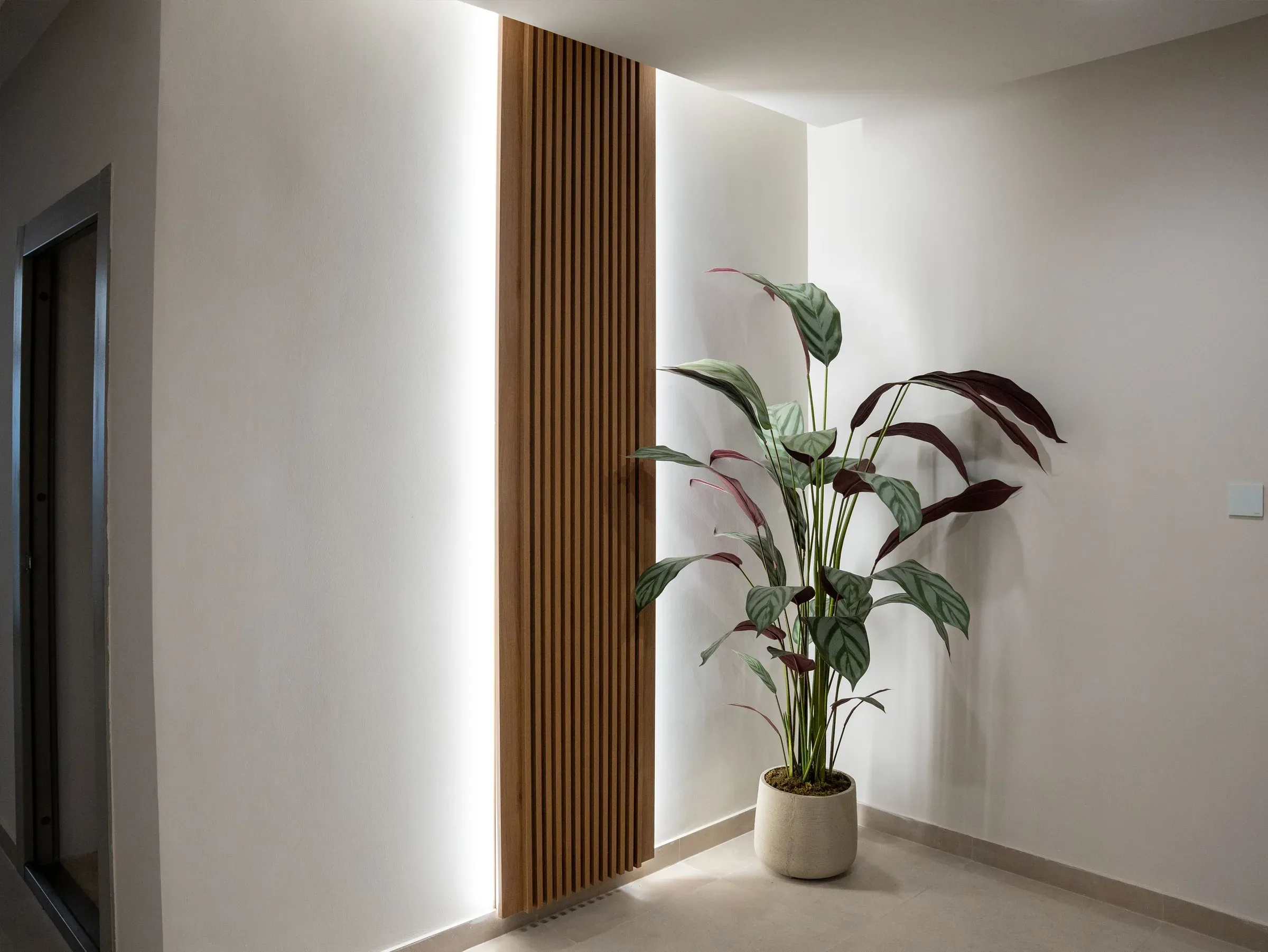 White corridor with a backlit vertical wooden slat panel and a tall potted plant in the corner