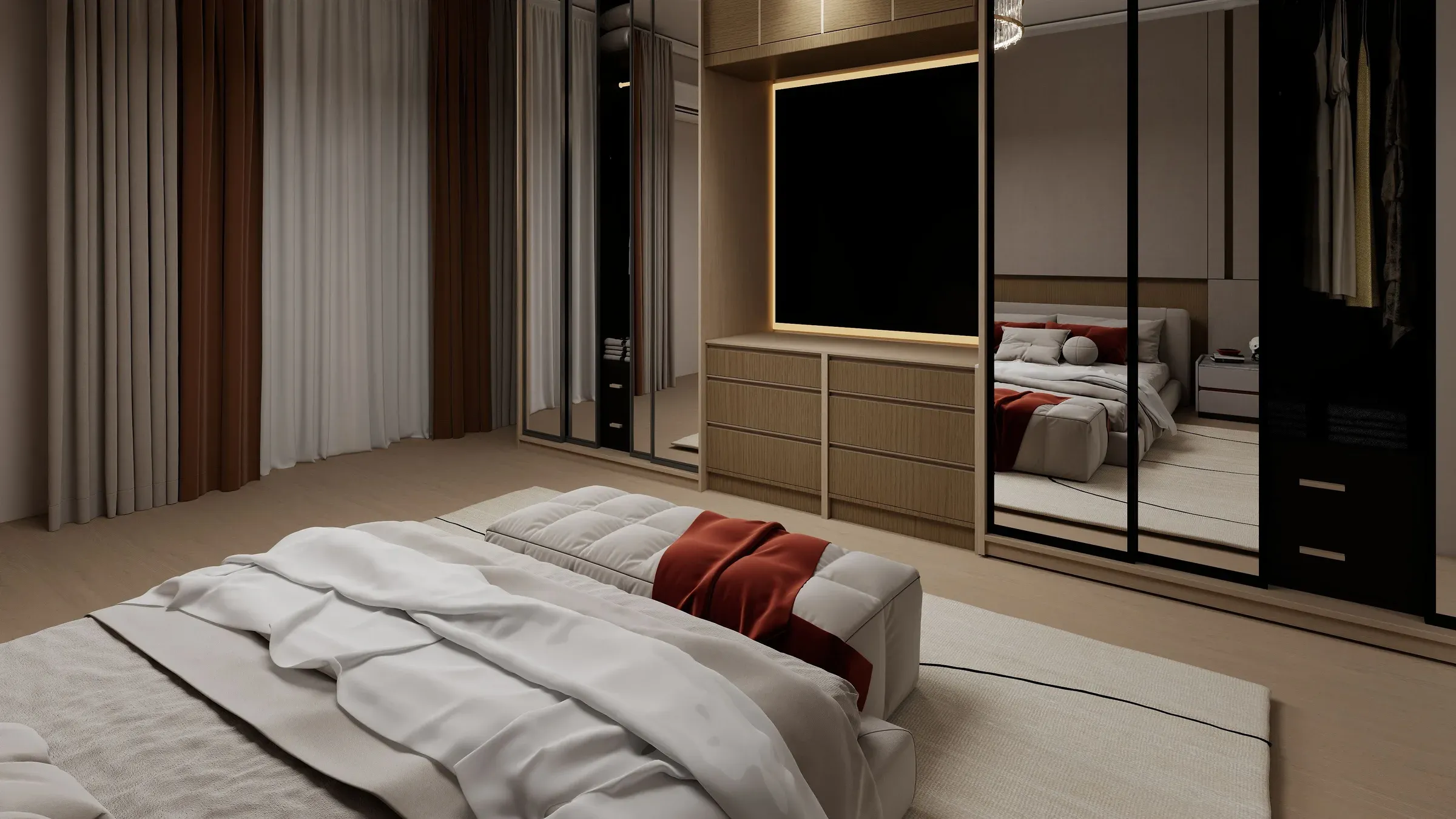 Bedroom with a floor-to-ceiling mirrored glass wardrobe and an LED-lit dresser niche