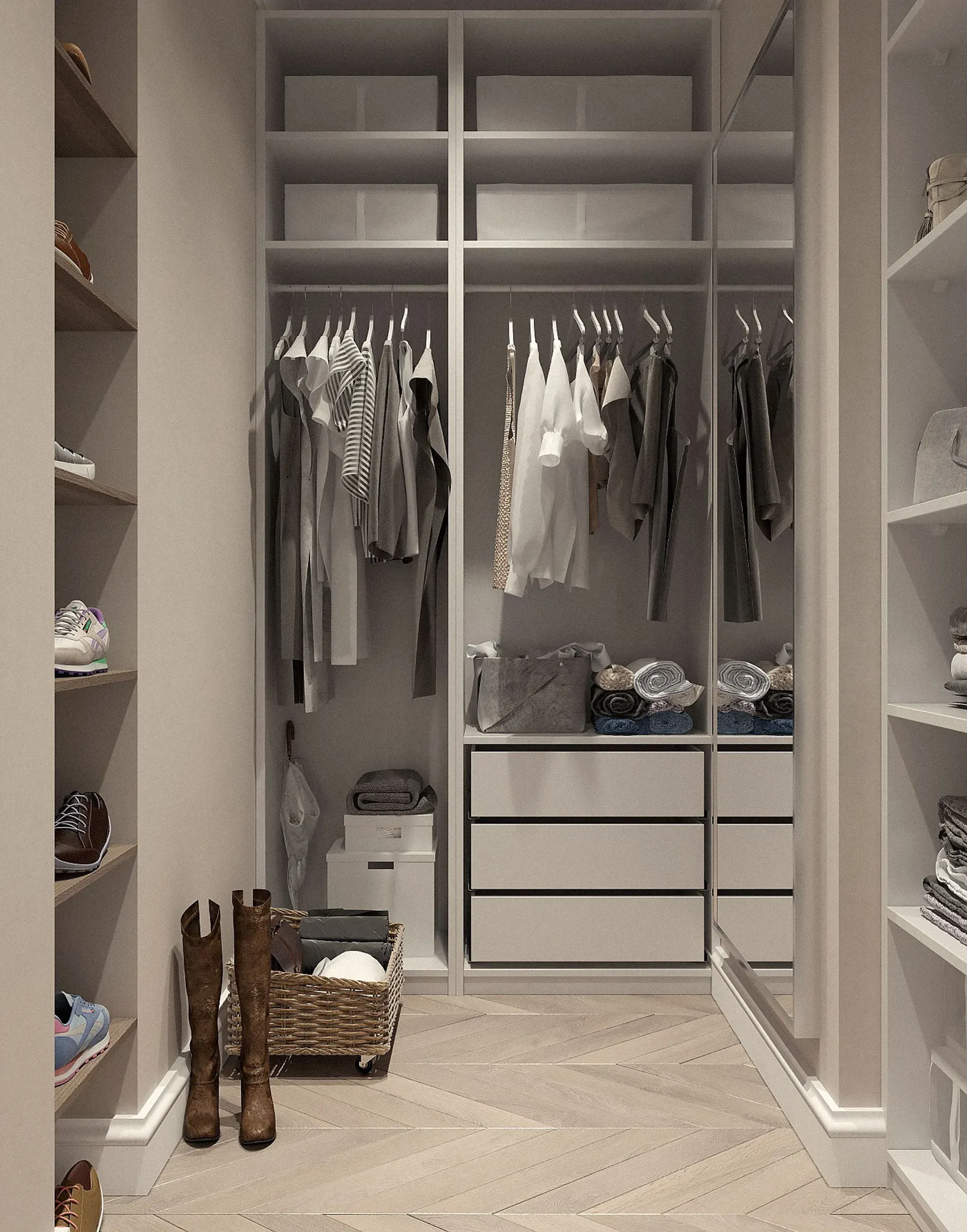 White walk-in wardrobe with hanging rails, drawers, storage boxes and shoe shelves